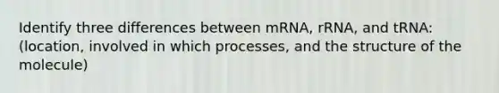 Identify three differences between mRNA, rRNA, and tRNA: (location, involved in which processes, and the structure of the molecule)