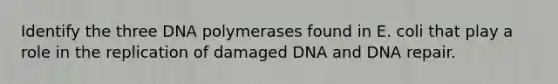 Identify the three DNA polymerases found in E. coli that play a role in the replication of damaged DNA and <a href='https://www.questionai.com/knowledge/kdWJhII4NB-dna-repair' class='anchor-knowledge'>dna repair</a>.