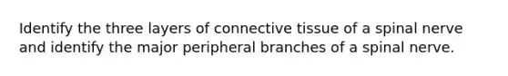 Identify the three layers of <a href='https://www.questionai.com/knowledge/kYDr0DHyc8-connective-tissue' class='anchor-knowledge'>connective tissue</a> of a spinal nerve and identify the major peripheral branches of a spinal nerve.
