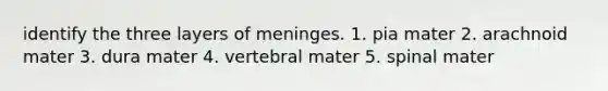 identify the three layers of meninges. 1. pia mater 2. arachnoid mater 3. dura mater 4. vertebral mater 5. spinal mater