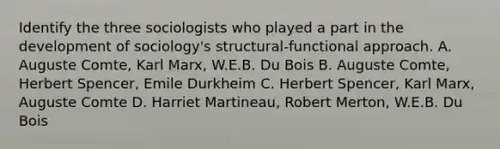 Identify the three sociologists who played a part in the development of sociology's structural-functional approach. A. Auguste Comte, Karl Marx, W.E.B. Du Bois B. Auguste Comte, Herbert Spencer, Emile Durkheim C. Herbert Spencer, Karl Marx, Auguste Comte D. Harriet Martineau, Robert Merton, W.E.B. Du Bois