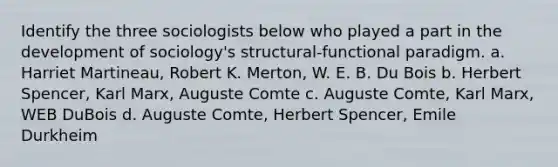 Identify the three sociologists below who played a part in the development of sociology's structural-functional paradigm. a. Harriet Martineau, Robert K. Merton, W. E. B. Du Bois b. Herbert Spencer, Karl Marx, Auguste Comte c. Auguste Comte, Karl Marx, WEB DuBois d. Auguste Comte, Herbert Spencer, Emile Durkheim