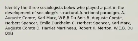 Identify the three sociologists below who played a part in the development of sociology's structural-functional paradigm. A. Auguste Comte, Karl Marx, W.E.B Du Bois B. Auguste Comte, Herbert Spencer, Emile Durkheim C. Herbert Spencer, Karl Marx, Auguste Comte D. Harriet Martineau, Robert K. Merton, W.E.B. Du Bois