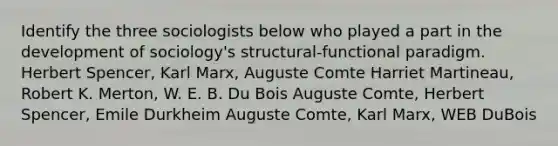 Identify the three sociologists below who played a part in the development of sociology's structural-functional paradigm. Herbert Spencer, Karl Marx, Auguste Comte Harriet Martineau, Robert K. Merton, W. E. B. Du Bois Auguste Comte, Herbert Spencer, Emile Durkheim Auguste Comte, Karl Marx, WEB DuBois