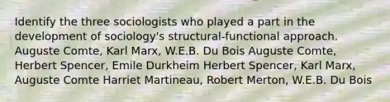 Identify the three sociologists who played a part in the development of sociology's structural-functional approach. Auguste Comte, Karl Marx, W.E.B. Du Bois Auguste Comte, Herbert Spencer, Emile Durkheim Herbert Spencer, Karl Marx, Auguste Comte Harriet Martineau, Robert Merton, W.E.B. Du Bois