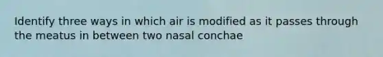 Identify three ways in which air is modified as it passes through the meatus in between two nasal conchae