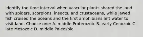 Identify the time interval when vascular plants shared the land with spiders, scorpions, insects, and crustaceans, while jawed fish cruised the oceans and the first amphibians left water to visit land. Choose one: A. middle Proterozoic B. early Cenozoic C. late Mesozoic D. middle Paleozoic