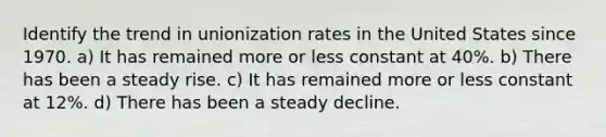 Identify the trend in unionization rates in the United States since 1970. a) It has remained more or less constant at 40%. b) There has been a steady rise. c) It has remained more or less constant at 12%. d) There has been a steady decline.