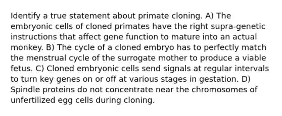 Identify a true statement about primate cloning. A) The embryonic cells of cloned primates have the right supra-genetic instructions that affect gene function to mature into an actual monkey. B) The cycle of a cloned embryo has to perfectly match the menstrual cycle of the surrogate mother to produce a viable fetus. C) Cloned embryonic cells send signals at regular intervals to turn key genes on or off at various stages in gestation. D) Spindle proteins do not concentrate near the chromosomes of unfertilized egg cells during cloning.