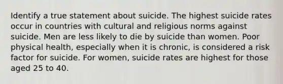 Identify a true statement about suicide. The highest suicide rates occur in countries with cultural and religious norms against suicide. Men are less likely to die by suicide than women. Poor physical health, especially when it is chronic, is considered a risk factor for suicide. For women, suicide rates are highest for those aged 25 to 40.