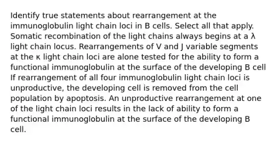 Identify true statements about rearrangement at the immunoglobulin light chain loci in B cells. Select all that apply. Somatic recombination of the light chains always begins at a λ light chain locus. Rearrangements of V and J variable segments at the κ light chain loci are alone tested for the ability to form a functional immunoglobulin at the surface of the developing B cell If rearrangement of all four immunoglobulin light chain loci is unproductive, the developing cell is removed from the cell population by apoptosis. An unproductive rearrangement at one of the light chain loci results in the lack of ability to form a functional immunoglobulin at the surface of the developing B cell.