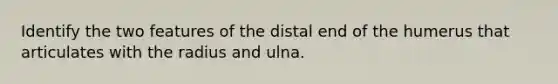 Identify the two features of the distal end of the humerus that articulates with the radius and ulna.