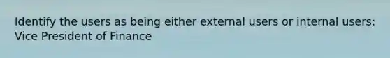 Identify the users as being either external users or internal users: Vice President of Finance