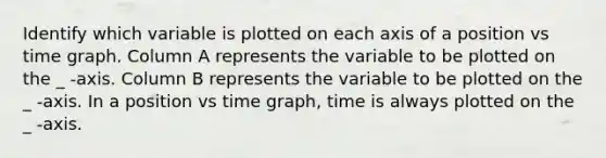 Identify which variable is plotted on each axis of a position vs time graph. Column A represents the variable to be plotted on the _ -axis. Column B represents the variable to be plotted on the _ -axis. In a position vs time graph, time is always plotted on the _ -axis.