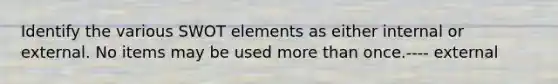 Identify the various SWOT elements as either internal or external. No items may be used more than once.---- external