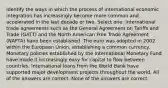 Identify the ways in which the process of international economic integration has increasingly become more common and accelerated in the last decade or two. Select one: International trade agreements such as the General Agreement on Tariffs and Trade (GATT) and the North American Free Trade Agreement (NAFTA) have been established. The euro was adopted in 2002 within the European Union, establishing a common currency. Monetary policies established by the International Monetary Fund have made it increasingly easy for capital to flow between countries. International loans from the World Bank have supported major development projects throughout the world. All of the answers are correct. None of the answers are correct.