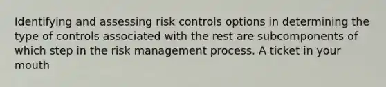 Identifying and assessing risk controls options in determining the type of controls associated with the rest are subcomponents of which step in the risk management process. A ticket in your mouth