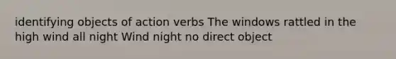 identifying objects of action verbs The windows rattled in the high wind all night Wind night no direct object