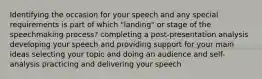 Identifying the occasion for your speech and any special requirements is part of which "landing" or stage of the speechmaking process? completing a post-presentation analysis developing your speech and providing support for your main ideas selecting your topic and doing an audience and self-analysis practicing and delivering your speech