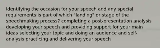 Identifying the occasion for your speech and any special requirements is part of which "landing" or stage of the speechmaking process? completing a post-presentation analysis developing your speech and providing support for your main ideas selecting your topic and doing an audience and self-analysis practicing and delivering your speech