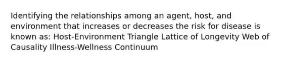 Identifying the relationships among an agent, host, and environment that increases or decreases the risk for disease is known as: Host-Environment Triangle Lattice of Longevity Web of Causality Illness-Wellness Continuum