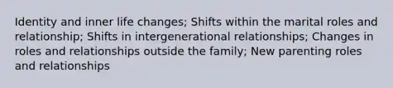 Identity and inner life changes; Shifts within the marital roles and relationship; Shifts in intergenerational relationships; Changes in roles and relationships outside the family; New parenting roles and relationships