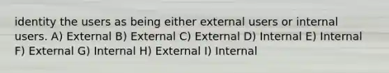 identity the users as being either external users or internal users. A) External B) External C) External D) Internal E) Internal F) External G) Internal H) External I) Internal