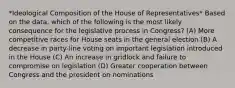 *Ideological Composition of the House of Representatives* Based on the data, which of the following is the most likely consequence for the legislative process in Congress? (A) More competitive races for House seats in the general election (B) A decrease in party-line voting on important legislation introduced in the House (C) An increase in gridlock and failure to compromise on legislation (D) Greater cooperation between Congress and the president on nominations