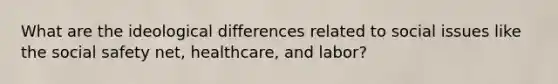 What are the ideological differences related to social issues like the social safety net, healthcare, and labor?