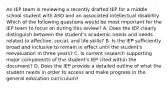 An IEP team is reviewing a recently drafted IEP for a middle school student with ASD and an associated intellectual disability. Which of the following questions would be most important for the IEP team to focus on during this review? A. Does the IEP clearly distinguish between the student's academic needs and needs related to affective, social, and life skills? B. Is the IEP sufficiently broad and inclusive to remain in effect until the student's reevaluation in three years? C. Is current research supporting major components of the student's IEP cited within the document? D. Does the IEP provide a detailed outline of what the student needs in order to access and make progress in the general education curriculum?