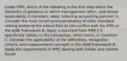 Under IFRS, which of the following is the first step within the hierarchy of guidance to which management refers, and whose applicability it considers, when selecting accounting policies? A. Consider the most recent pronouncements of other standard-setting bodies to the extent that do not conflict with the IFRS or the IASB Framework B. Apply a standard from IFRS if it specifically relates to the transaction, other event, or condition C. Consider the applicability of the definitions, recognition criteria, and measurement concepts in the IASB Framework D. Apply the requirements in IFRS dealing with similar and related issues