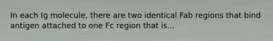 In each Ig molecule, there are two identical Fab regions that bind antigen attached to one Fc region that is...