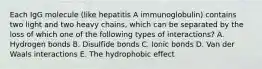 Each IgG molecule (like hepatitis A immunoglobulin) contains two light and two heavy chains, which can be separated by the loss of which one of the following types of interactions? A. Hydrogen bonds B. Disulfide bonds C. Ionic bonds D. Van der Waals interactions E. The hydrophobic effect