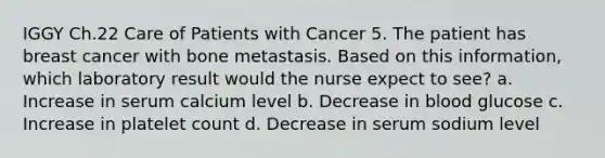 IGGY Ch.22 Care of Patients with Cancer 5. The patient has breast cancer with bone metastasis. Based on this information, which laboratory result would the nurse expect to see? a. Increase in serum calcium level b. Decrease in blood glucose c. Increase in platelet count d. Decrease in serum sodium level