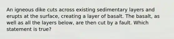 An igneous dike cuts across existing sedimentary layers and erupts at the surface, creating a layer of basalt. The basalt, as well as all the layers below, are then cut by a fault. Which statement is true?