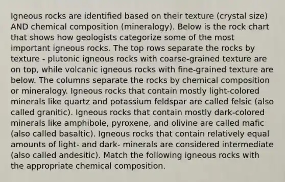 Igneous rocks are identified based on their texture (crystal size) AND chemical composition (mineralogy). Below is the rock chart that shows how geologists categorize some of the most important igneous rocks. The top rows separate the rocks by texture - plutonic igneous rocks with coarse-grained texture are on top, while volcanic igneous rocks with fine-grained texture are below. The columns separate the rocks by chemical composition or mineralogy. Igneous rocks that contain mostly light-colored minerals like quartz and potassium feldspar are called felsic (also called granitic). Igneous rocks that contain mostly dark-colored minerals like amphibole, pyroxene, and olivine are called mafic (also called basaltic). Igneous rocks that contain relatively equal amounts of light- and dark- minerals are considered intermediate (also called andesitic). Match the following igneous rocks with the appropriate chemical composition.