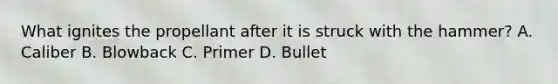 What ignites the propellant after it is struck with the hammer? A. Caliber B. Blowback C. Primer D. Bullet