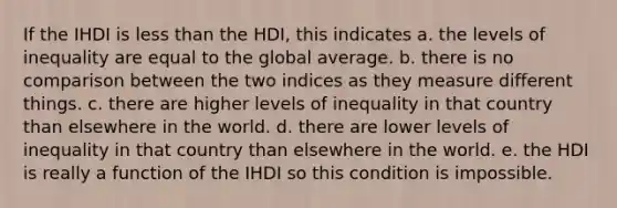 If the IHDI is <a href='https://www.questionai.com/knowledge/k7BtlYpAMX-less-than' class='anchor-knowledge'>less than</a> the HDI, this indicates a. the levels of inequality are equal to the global average. b. there is no comparison between the two indices as they measure different things. c. there are higher levels of inequality in that country than elsewhere in the world. d. there are lower levels of inequality in that country than elsewhere in the world. e. the HDI is really a function of the IHDI so this condition is impossible.