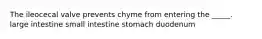 The ileocecal valve prevents chyme from entering the _____. large intestine small intestine stomach duodenum