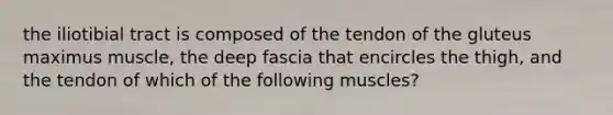 the iliotibial tract is composed of the tendon of the gluteus maximus muscle, the deep fascia that encircles the thigh, and the tendon of which of the following muscles?