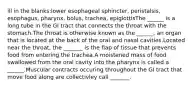 ill in the blanks:lower esophageal sphincter, peristalsis, esophagus, pharynx, bolus, trachea, epiglottisThe ______ is a long tube in the GI tract that connects the throat with the stomach.The throat is otherwise known as the ______, an organ that is located at the back of the oral and nasal cavities.Located near the throat, the _______ is the flap of tissue that prevents food from entering the trachea.A moistened mass of food swallowed from the oral cavity into the pharynx is called a ______.Muscular contracts occuring throughout the GI tract that move food along are collectivley call _______.