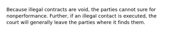 Because illegal contracts are void, the parties cannot sure for nonperformance. Further, if an illegal contact is executed, the court will generally leave the parties where it finds them.