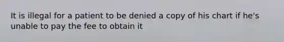 It is illegal for a patient to be denied a copy of his chart if he's unable to pay the fee to obtain it