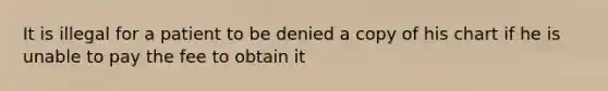 It is illegal for a patient to be denied a copy of his chart if he is unable to pay the fee to obtain it