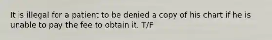 It is illegal for a patient to be denied a copy of his chart if he is unable to pay the fee to obtain it. T/F