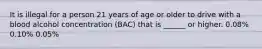 It is illegal for a person 21 years of age or older to drive with a blood alcohol concentration (BAC) that is ______ or higher. 0.08% 0.10% 0.05%