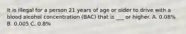 It is illegal for a person 21 years of age or older to drive with a blood alcohol concentration (BAC) that is ___ or higher. A. 0.08% B. 0.005 C. 0.8%