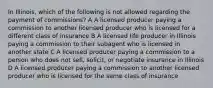 In Illinois, which of the following is not allowed regarding the payment of commissions? A A licensed producer paying a commission to another licensed producer who is licensed for a different class of insurance B A licensed life producer in Illinois paying a commission to their subagent who is licensed in another state C A licensed producer paying a commission to a person who does not sell, solicit, or negotiate insurance in Illinois D A licensed producer paying a commission to another licensed producer who is licensed for the same class of insurance