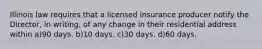 Illinois law requires that a licensed insurance producer notify the Director, in writing, of any change in their residential address within a)90 days. b)10 days. c)30 days. d)60 days.