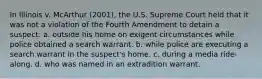 In Illinois v. McArthur (2001), the U.S. Supreme Court held that it was not a violation of the Fourth Amendment to detain a suspect:​ a. ​outside his home on exigent circumstances while police obtained a search warrant. b. ​while police are executing a search warrant in the suspect's home. c. ​during a media ride-along. d. ​who was named in an extradition warrant.